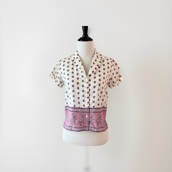 Banana Republic Block Print Button Down Top Size XXSP Petite Cotton Casual - Picture 1 of 11